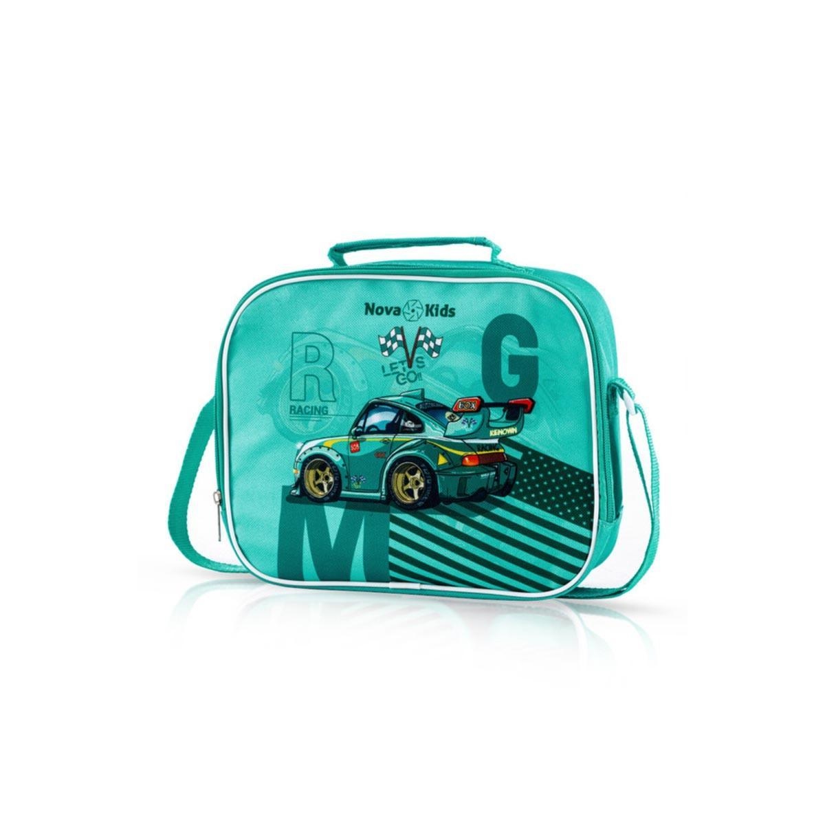 Nova Kids 16" Green Car Racing School Bag with Lunch Bag, Pencil Pouch, Lunch Box & Water Bottle