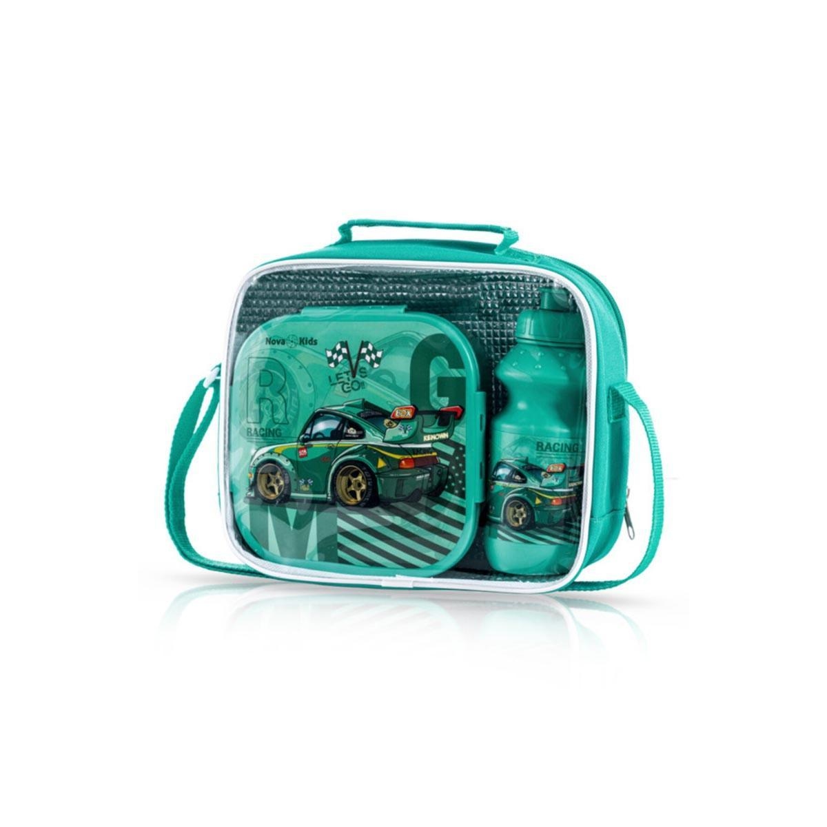 Nova Kids 16" Green Car Racing School Bag with Lunch Bag, Pencil Pouch, Lunch Box & Water Bottle