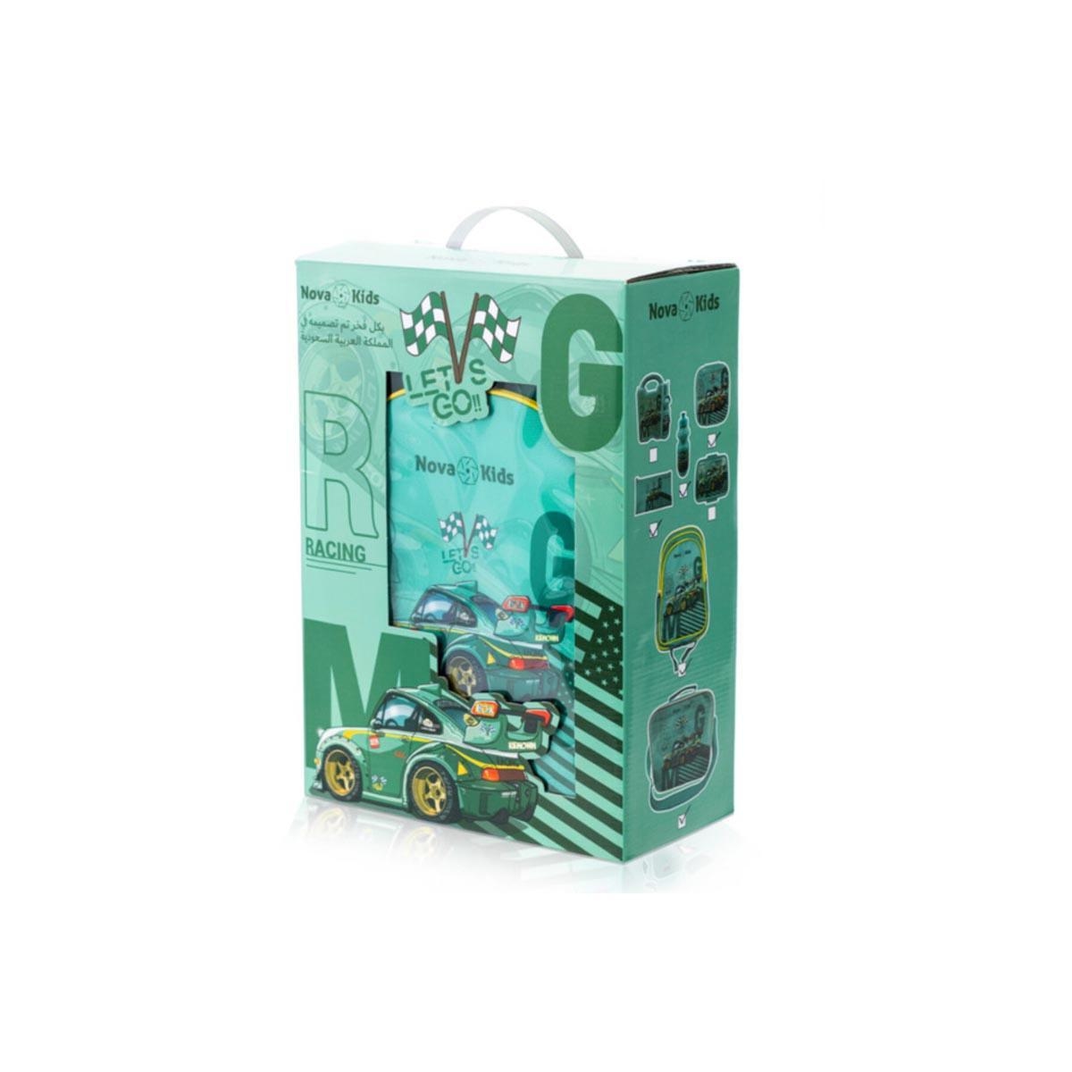 Nova Kids 16" Green Car Racing School Bag with Lunch Bag, Pencil Pouch, Lunch Box & Water Bottle