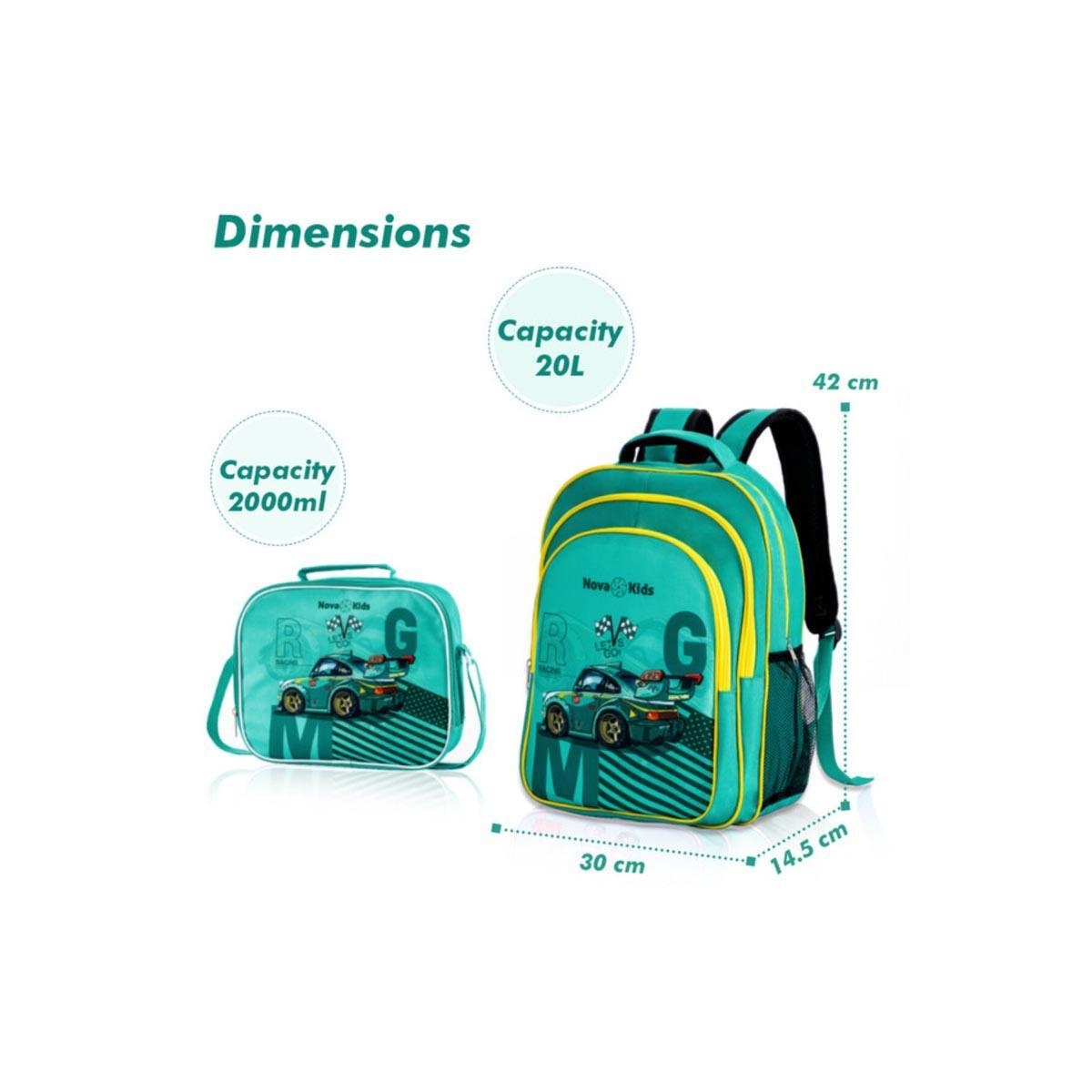 Nova Kids 16" Green Car Racing School Bag with Lunch Bag, Pencil Pouch, Lunch Box & Water Bottle
