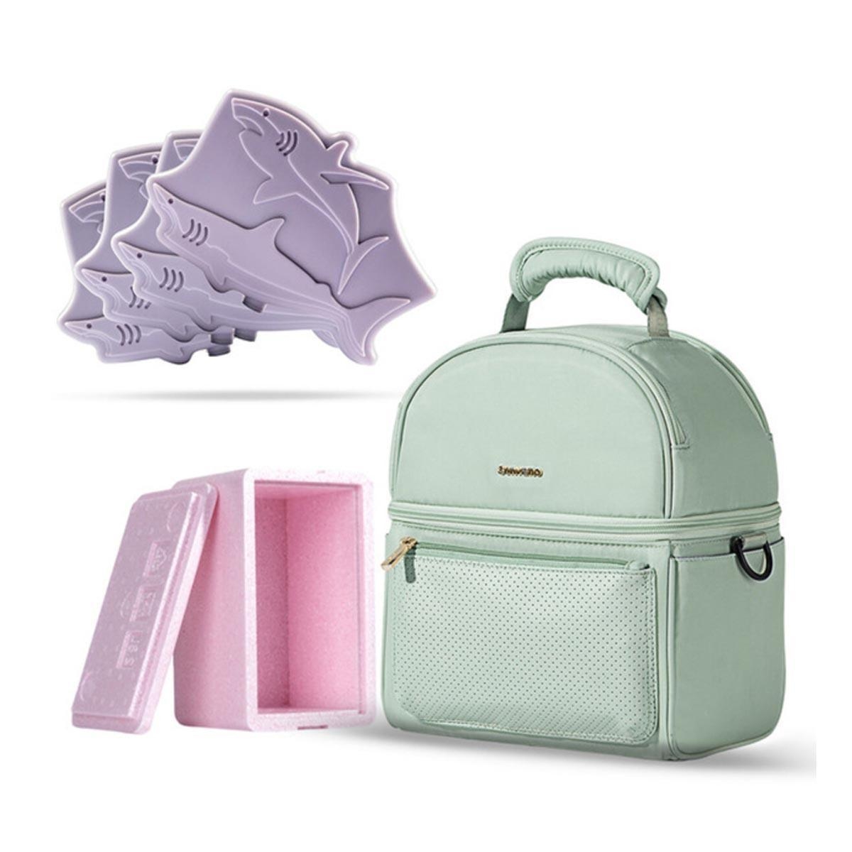 حقيبة غداء معزولة من صنڤينو باللون الأخضر مع صندوق حراري ومجموعة أكياس ثلج على شكل سمكة قرش