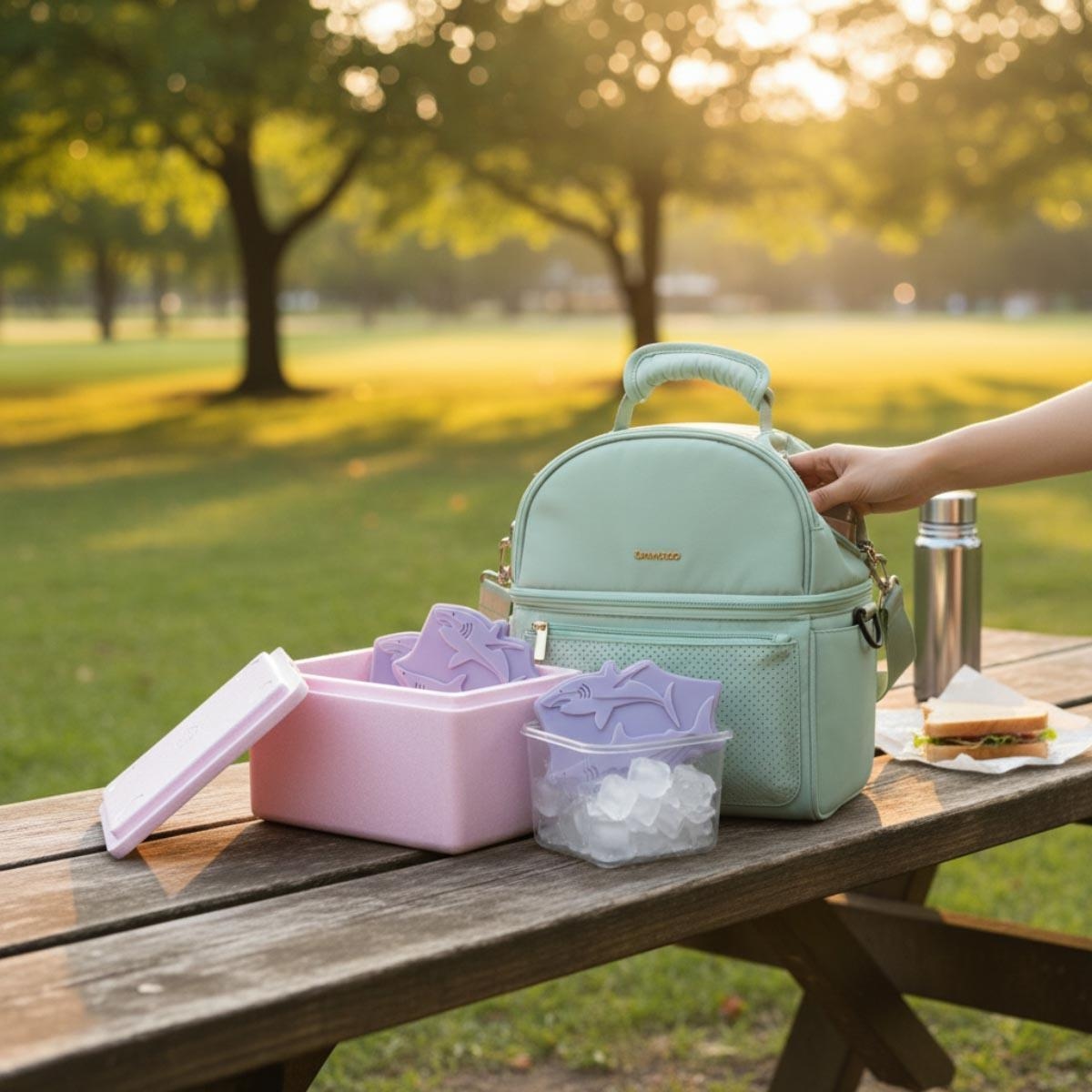 حقيبة غداء معزولة من صنڤينو باللون الأخضر مع صندوق حراري ومجموعة أكياس ثلج على شكل سمكة قرش