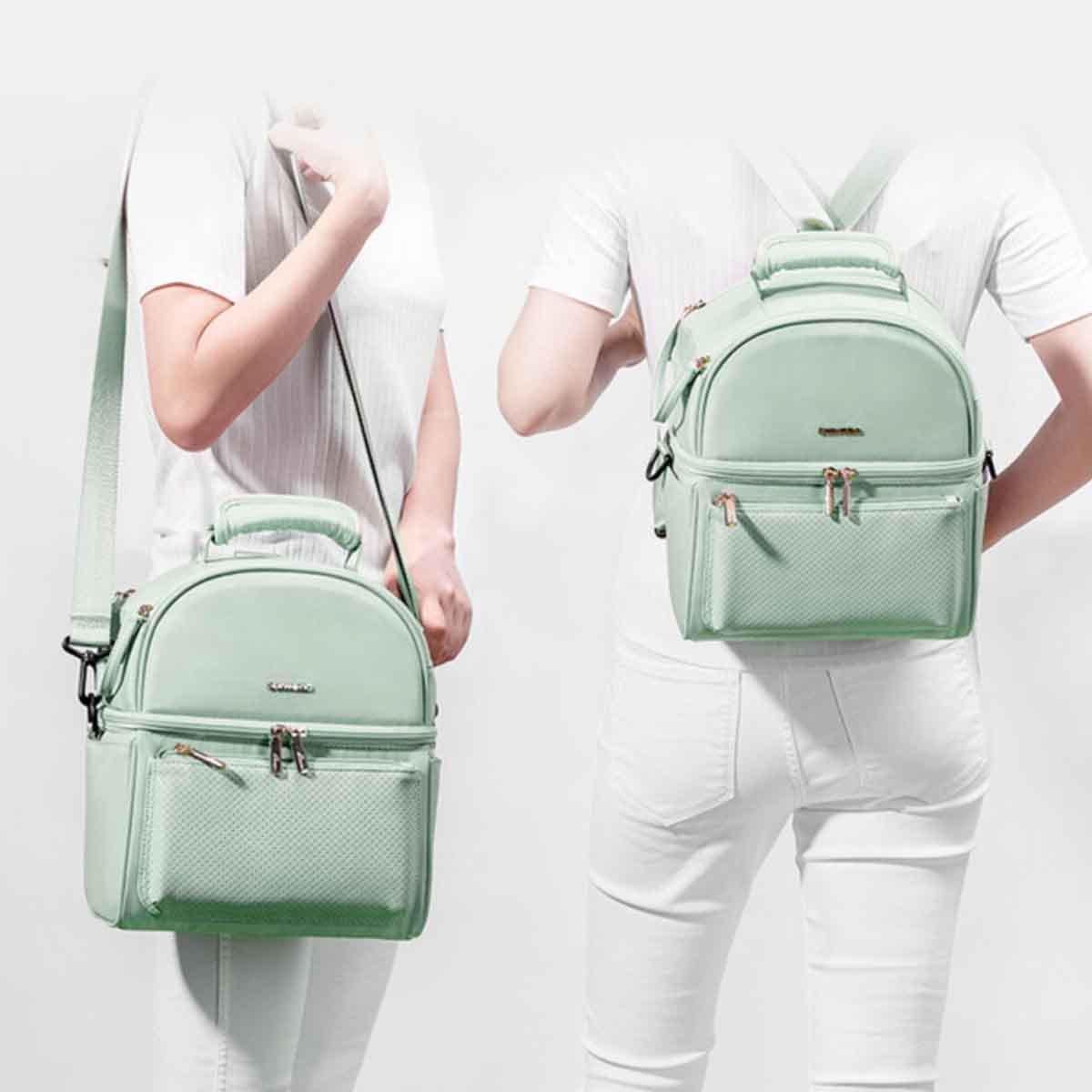 حقيبة غداء معزولة من صنڤينو باللون الأخضر مع صندوق حراري ومجموعة أكياس ثلج على شكل سمكة قرش