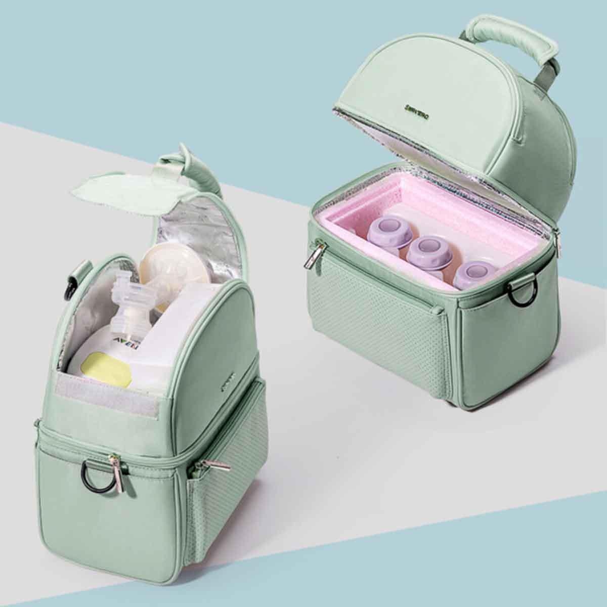 حقيبة غداء معزولة من صنڤينو باللون الأخضر مع صندوق حراري ومجموعة أكياس ثلج على شكل سمكة قرش