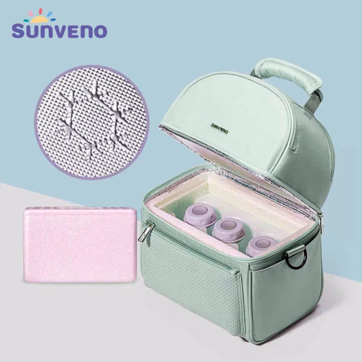 Sunveno Green Insulated Lunch Bag with Thermo Box & Shark Ice Pack Set