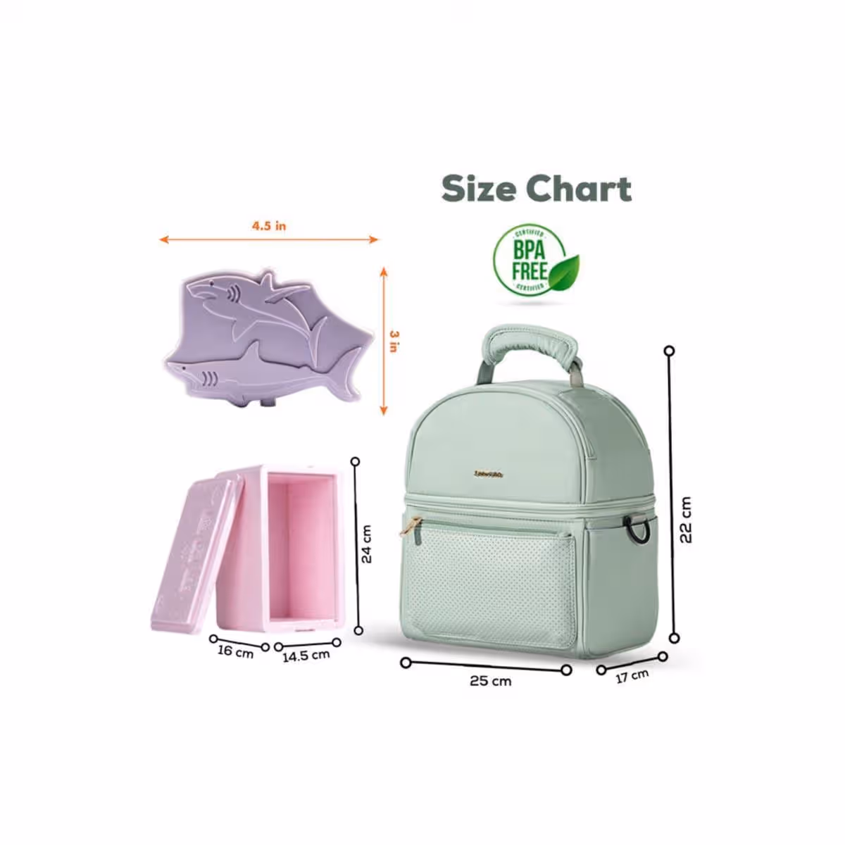 Sunveno Green Insulated Lunch Bag with Thermo Box & Shark Ice Pack Set