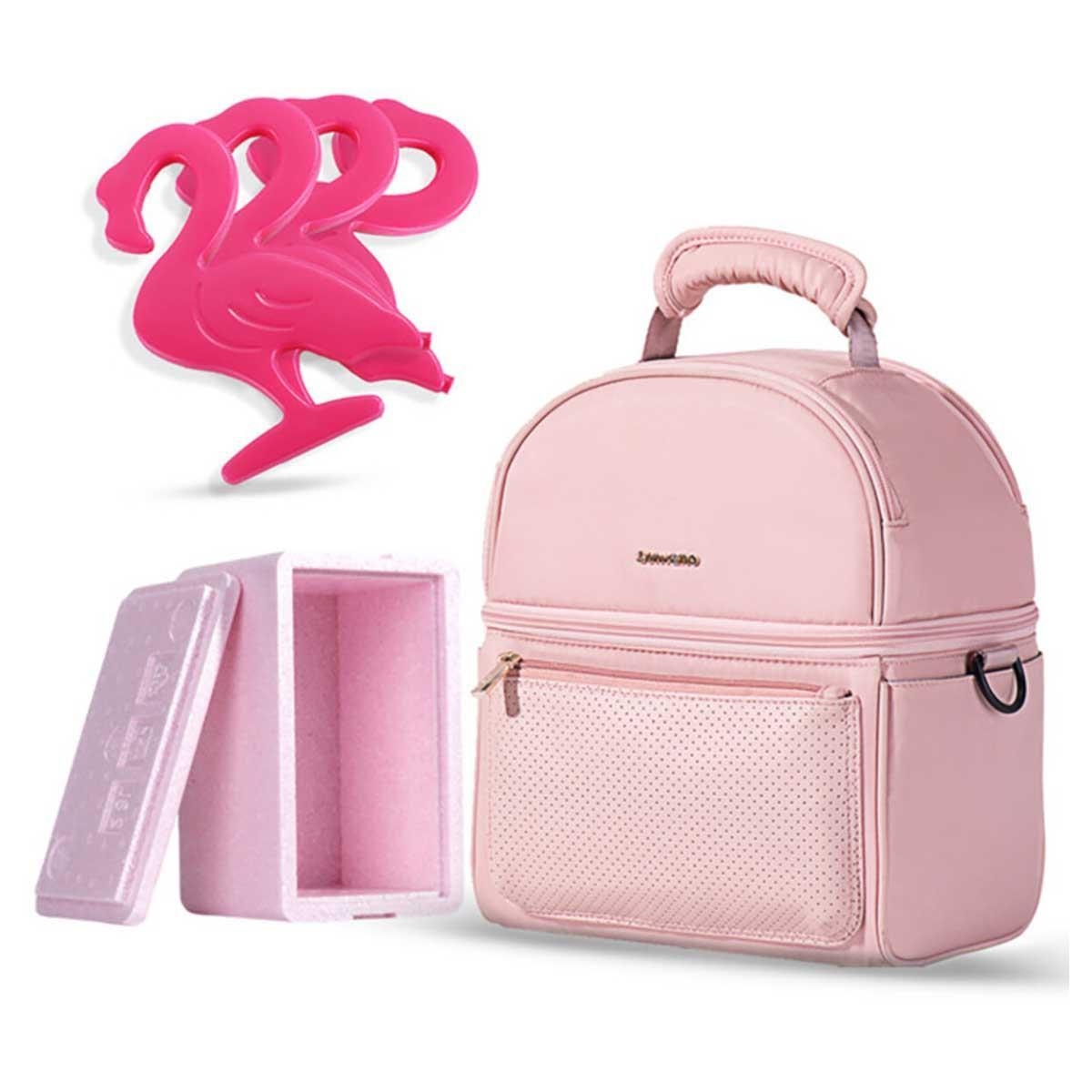 حقيبة غداء معزولة من صنڤينو باللون الوردي مع صندوق حراري ومجموعة أكياس ثلج على شكل فلامنجو