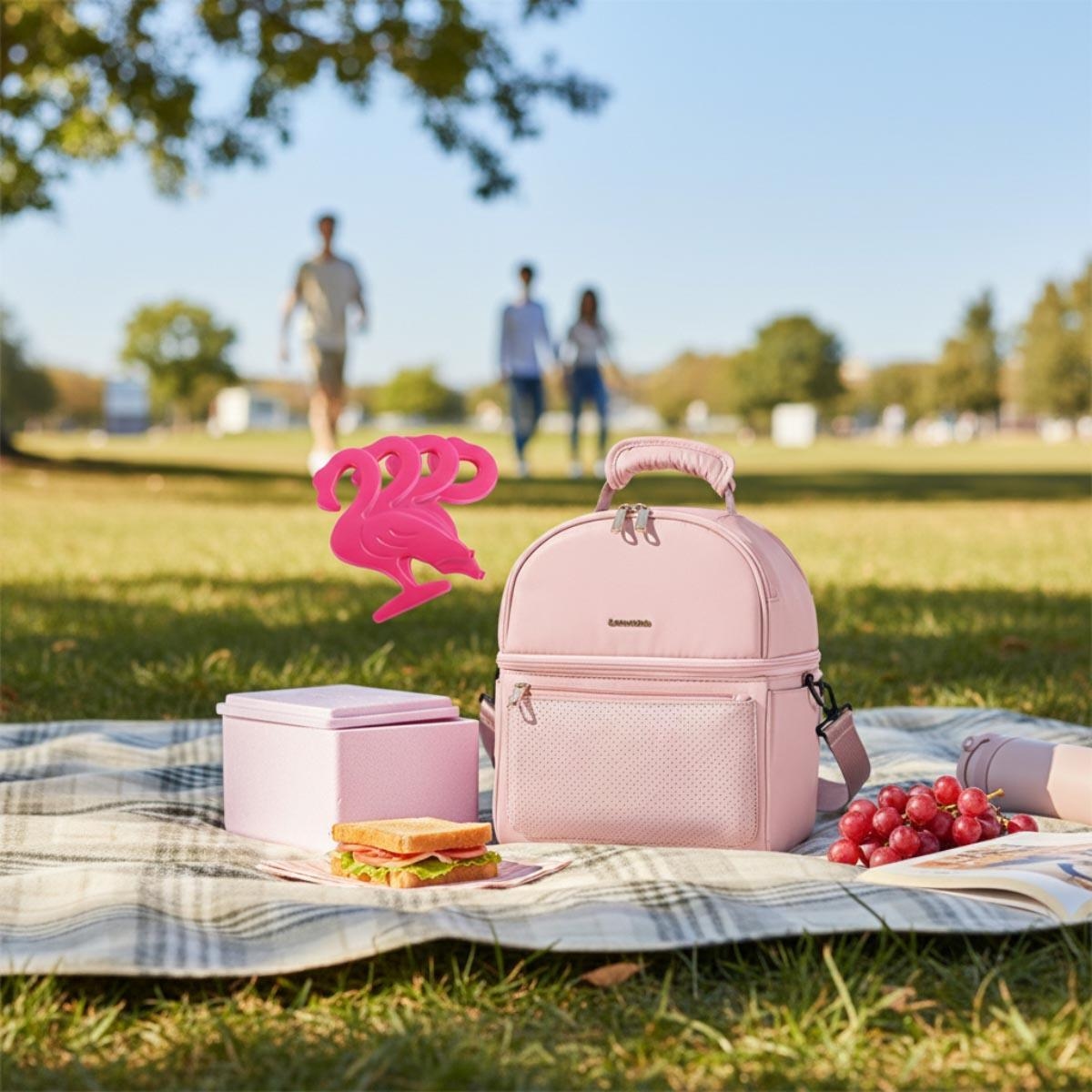 حقيبة غداء معزولة من صنڤينو باللون الوردي مع صندوق حراري ومجموعة أكياس ثلج على شكل فلامنجو