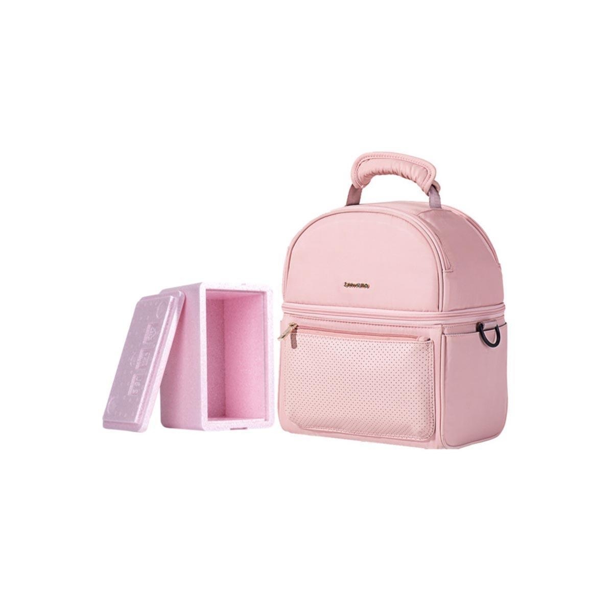 حقيبة غداء معزولة من صنڤينو باللون الوردي مع صندوق حراري ومجموعة أكياس ثلج على شكل فلامنجو