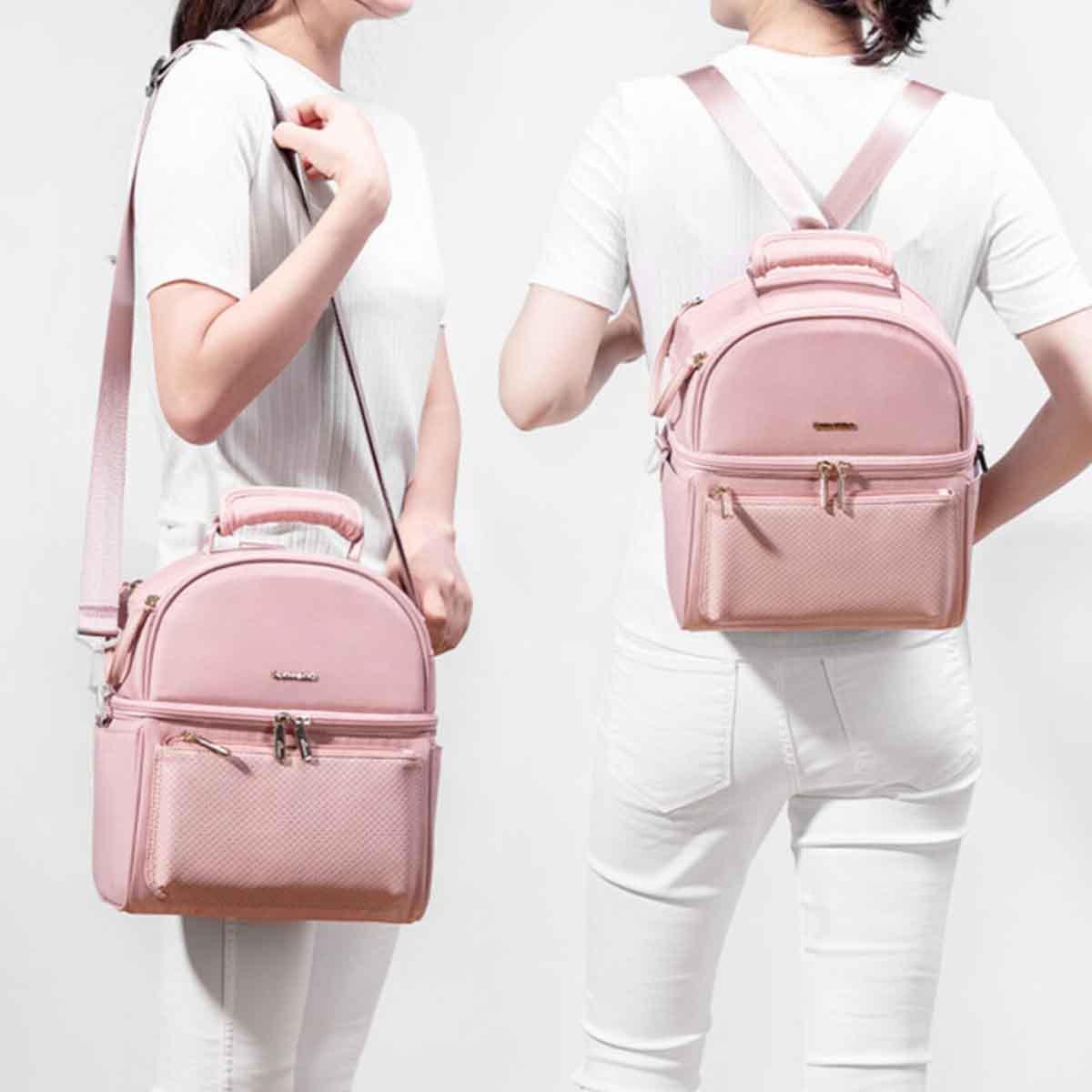 حقيبة غداء معزولة من صنڤينو باللون الوردي مع صندوق حراري ومجموعة أكياس ثلج على شكل فلامنجو