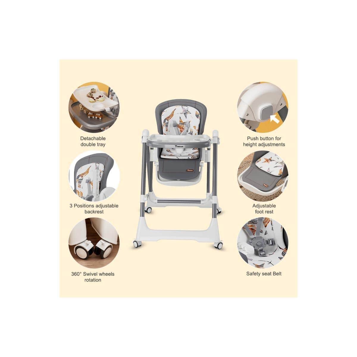 Teknum 5-in-1 Grey High Swing Baby Chair with Lockable Wheels Toddler, 0-2 Years