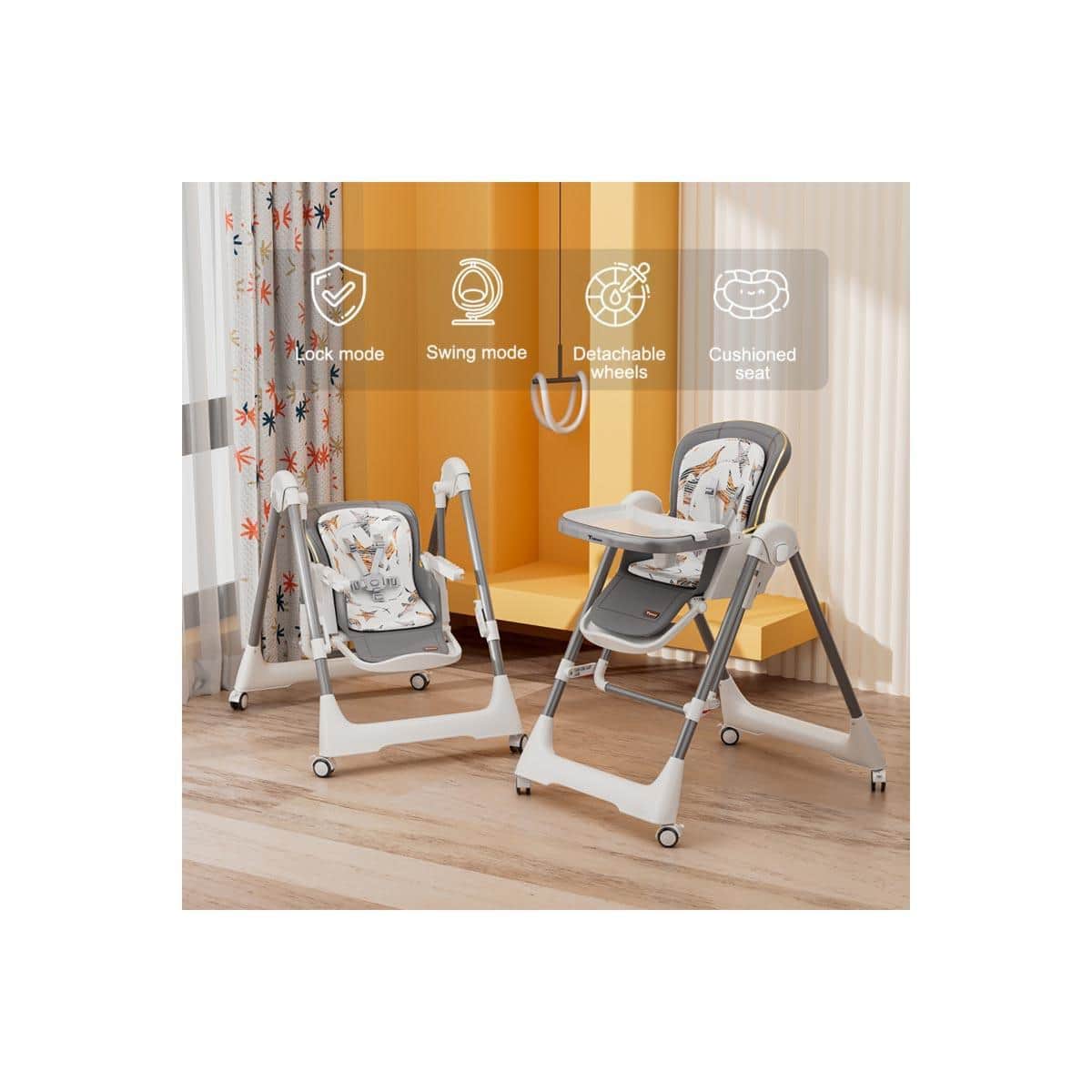Teknum 5-in-1 Grey High Swing Baby Chair with Lockable Wheels Toddler, 0-2 Years