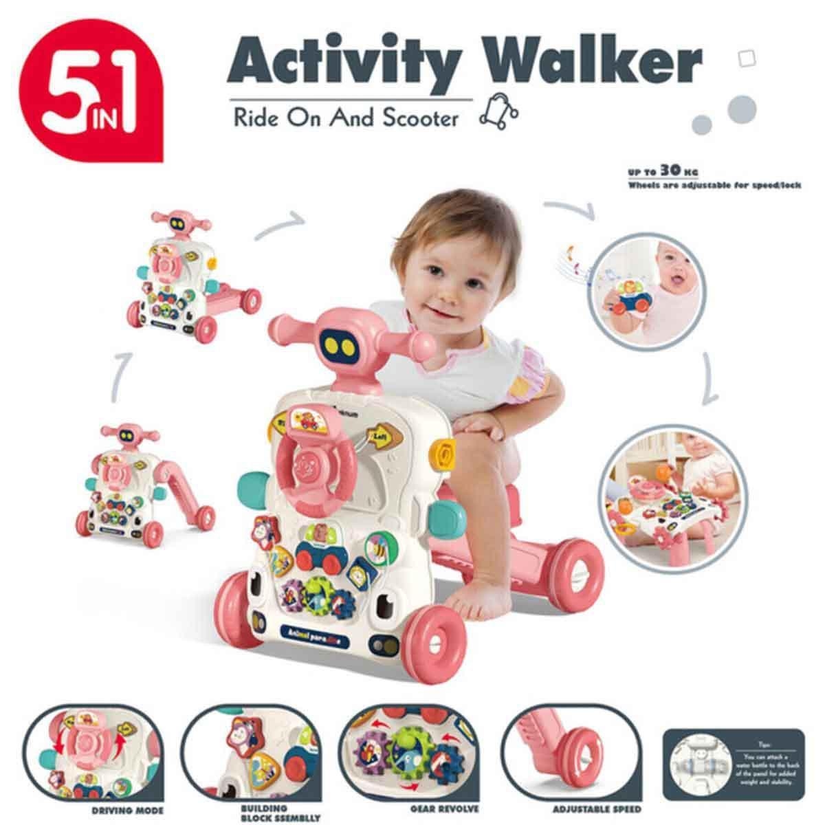 طاولة تكنوم الموسيقية والتعليمية 5 في 1، وردية اللون، مشاية أطفال، للأطفال الصغار من عمر 0-2 سنة