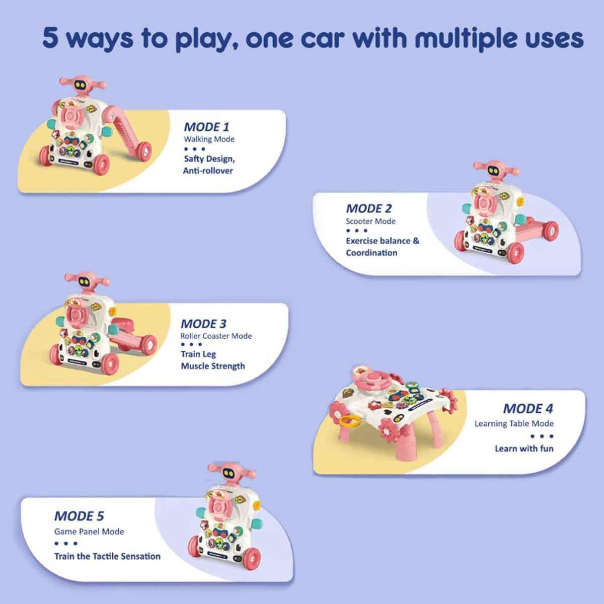 طاولة تكنوم الموسيقية والتعليمية 5 في 1، وردية اللون، مشاية أطفال، للأطفال الصغار من عمر 0-2 سنة