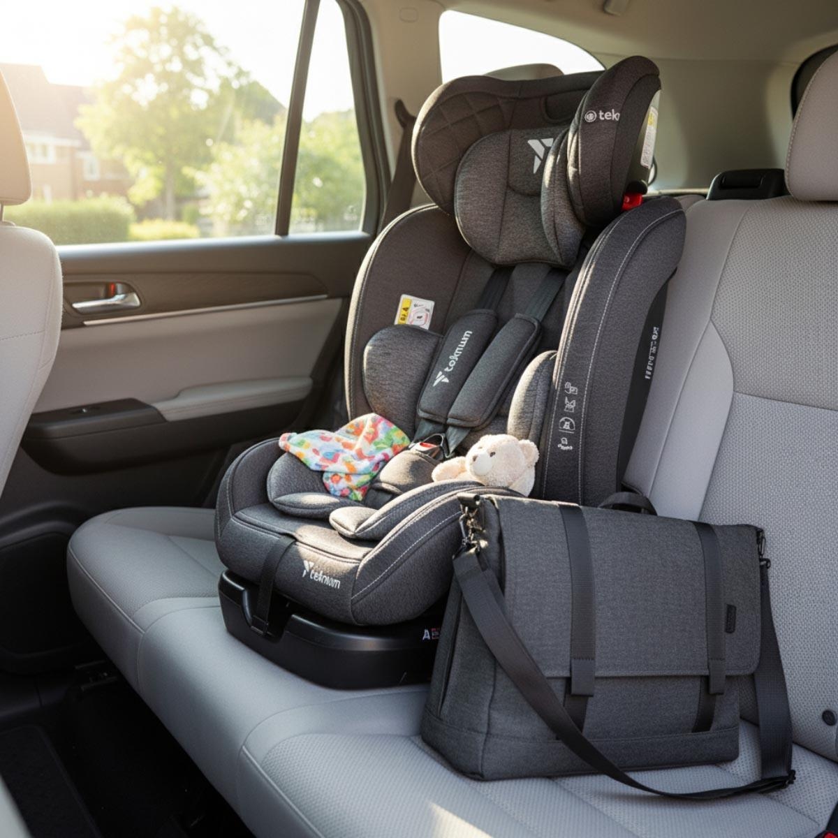 مقعد سيارة تيكنوم إيفولف 2 باللون الرمادي الداكن مع حقيبة يدوية لحفاضات الأطفال الصغار، من عمر 0 إلى سنتين