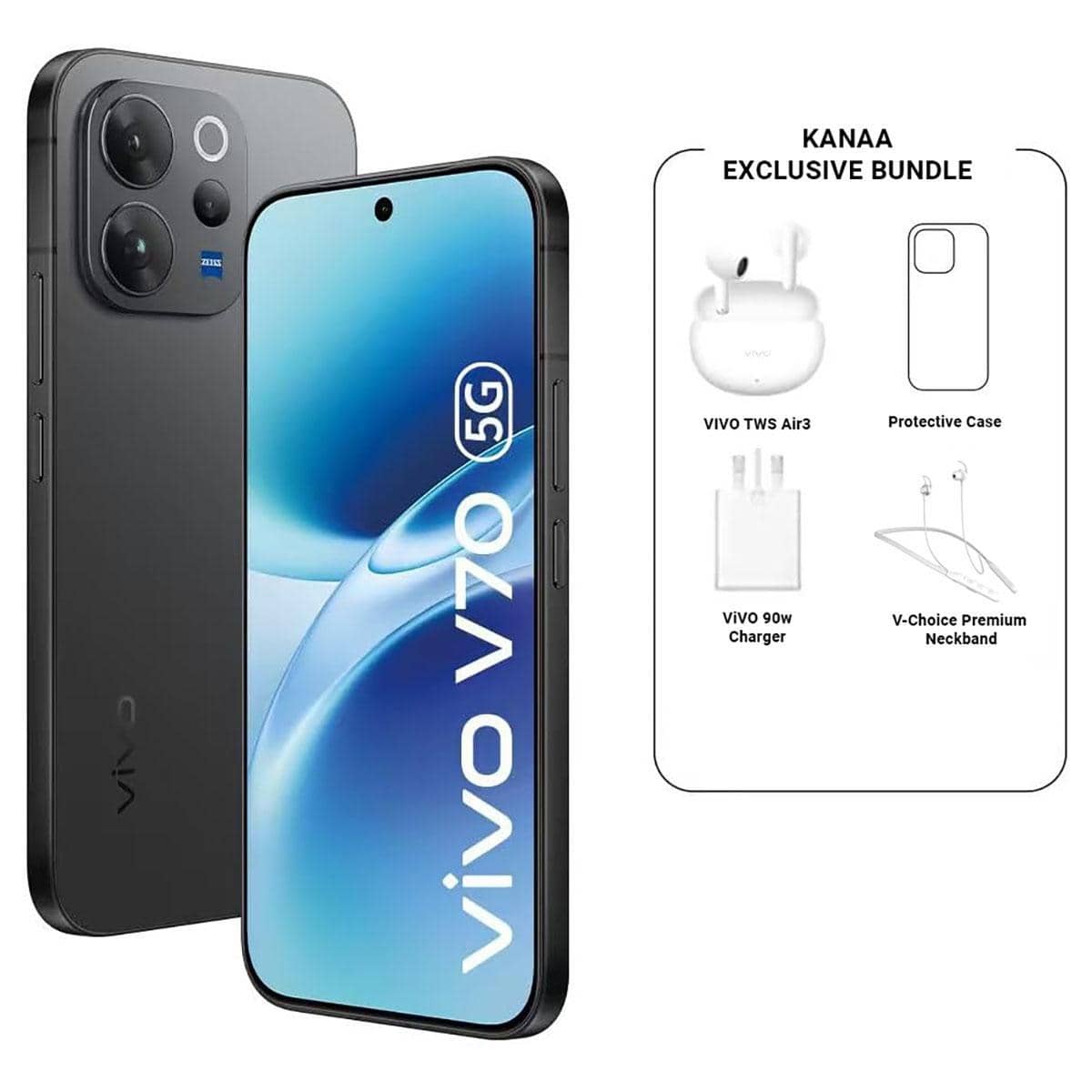 Vivo V70 5G (12GB RAM, 256GB Storage), KSA Version - Authentic Black with TWS Earbuds + Neckband + Charger + Protective Case Bundle