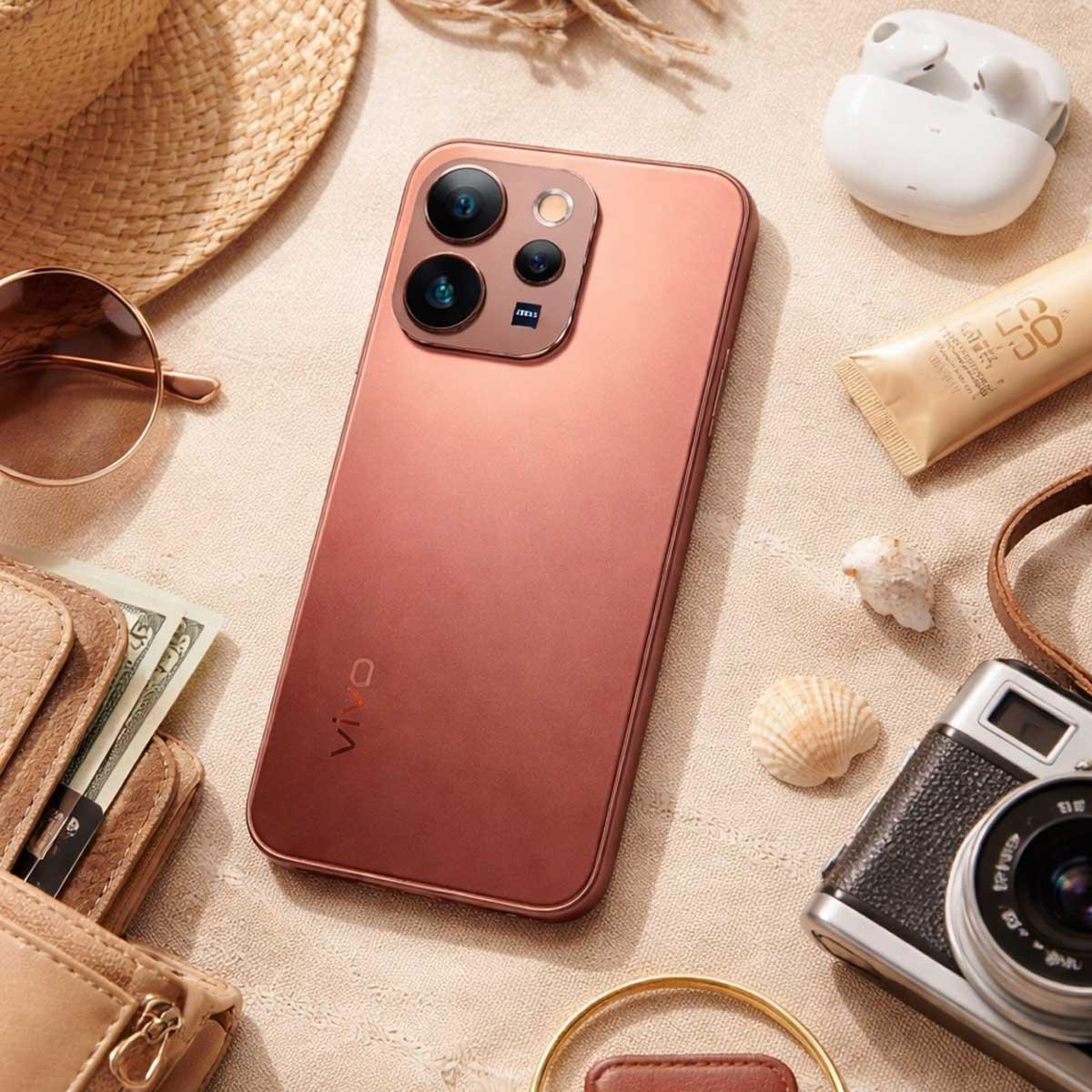 فيفو V70 5G (رام 12 جيجابايت، سعة 256 جيجابايت)، إصدار السعودية - بني خشب الصندل مع باقة سماعات TWS + نيكباند + شاحن + حافظة حماية