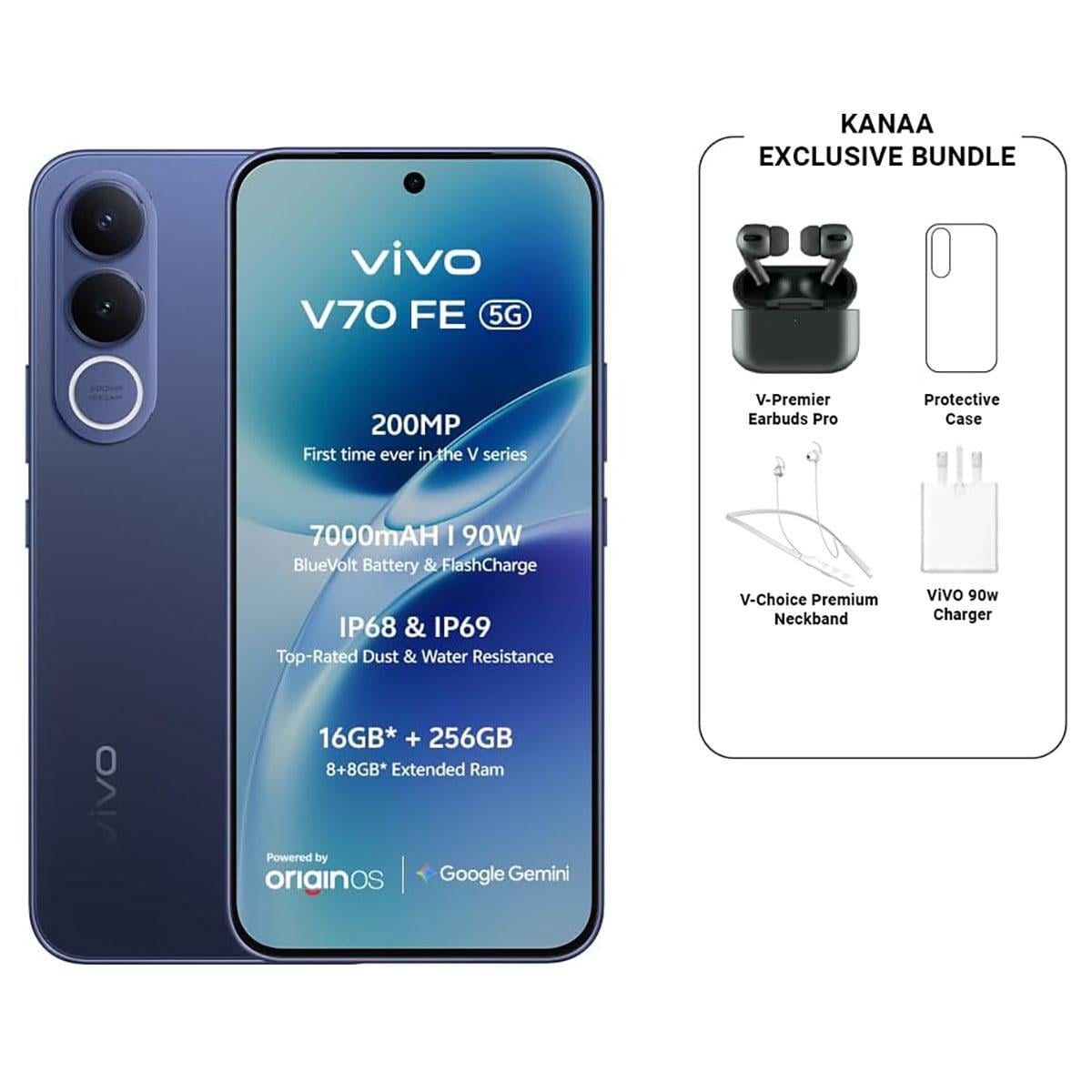Vivo V70 FE 5G (12GB RAM, 256GB Storage), KSA Version - Ocean Blue with TWS Earbuds + Neckband + Charger + Protective Case Bundle
