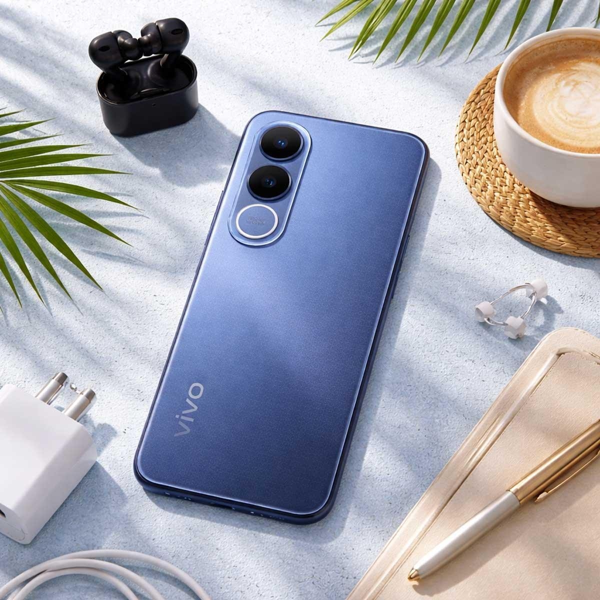 فيفو V70 FE 5G (رام 8 جيجابايت، سعة 256 جيجابايت)، إصدار السعودية - أزرق المحيط مع باقة سماعات TWS + نيكباند + شاحن + حافظة حماية