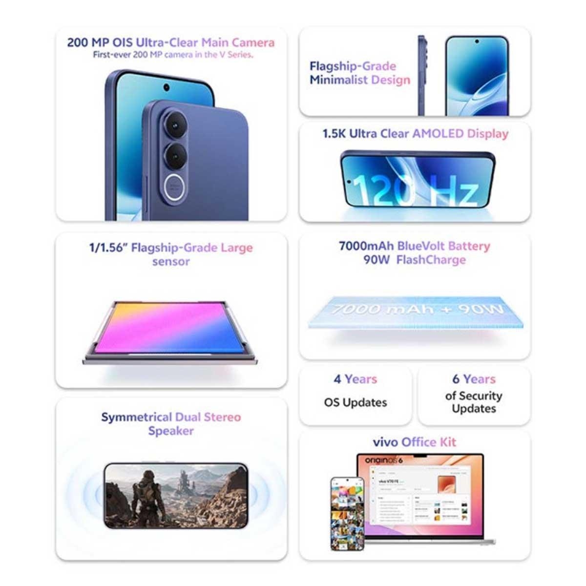 فيفو V70 FE 5G (رام 8 جيجابايت، سعة 256 جيجابايت)، إصدار السعودية - أزرق المحيط مع باقة سماعات TWS + نيكباند + شاحن + حافظة حماية