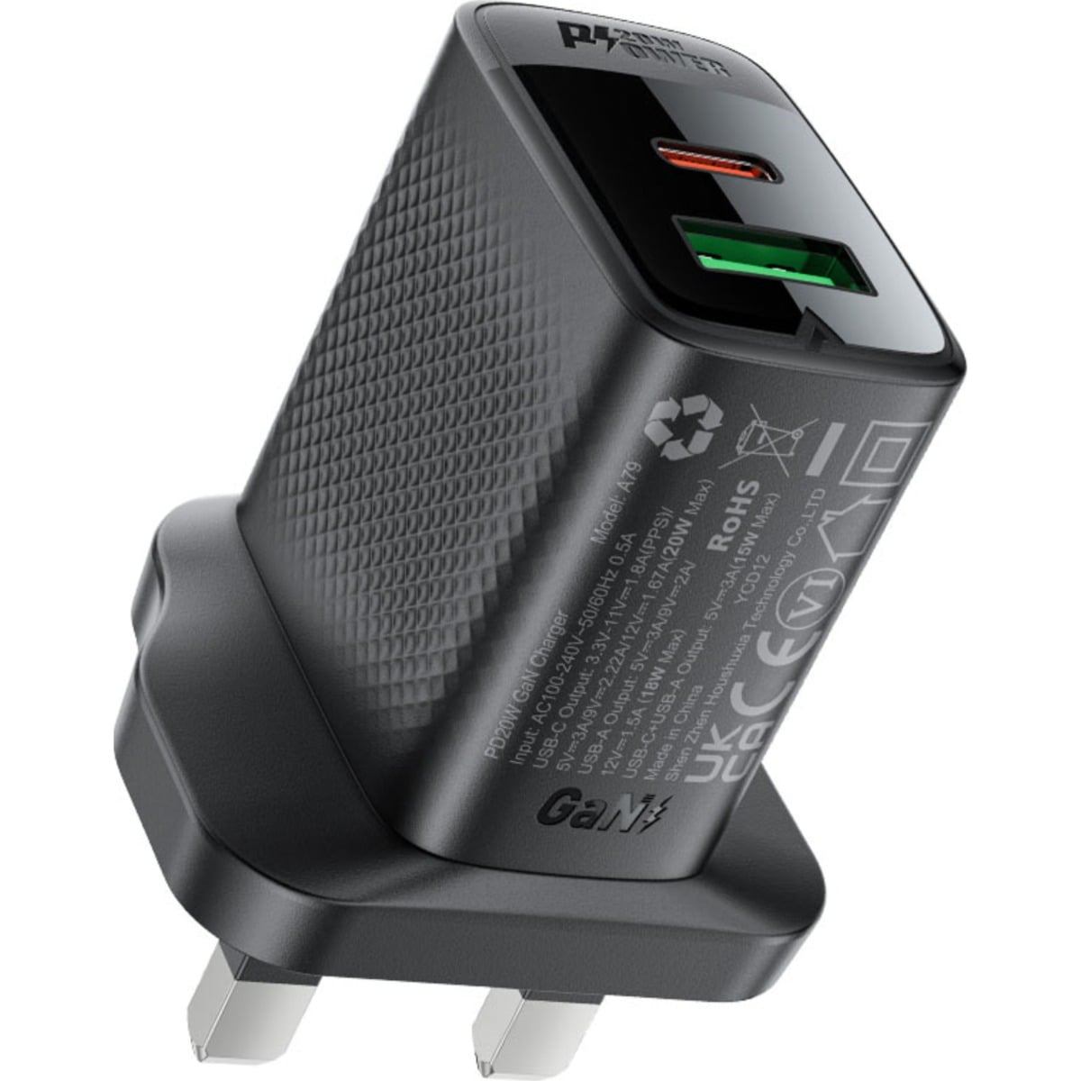 ايسفاست A79 شاحن حائط ثنائي المنافذ USB-C وUSB-A بتقنية نيتريد الغاليوم بقدرة 20W (المملكة المتحدة)