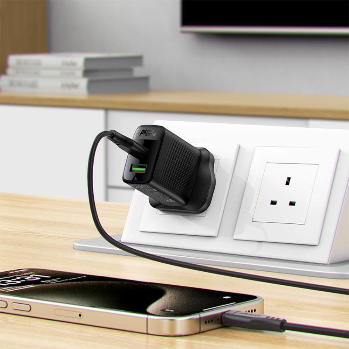 ايسفاست A99 شاحن حائط ثنائي المنافذ USB-C وUSB-A بتقنية نيتريد الغاليوم بقدرة 30W (المملكة المتحدة)