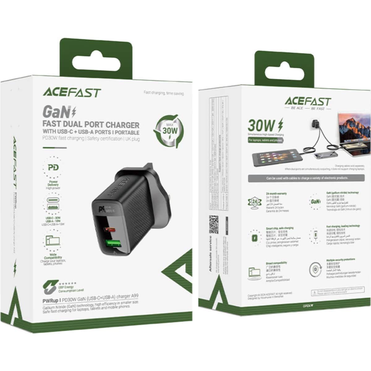 Acefast A99 30W Dual Port USB-C/USB-A GaN Wall Charger (UK)