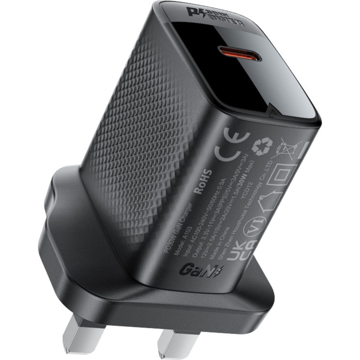 ايسفاست A103 شاحن حائط USB-C بتقنية نيتريد الغاليوم بقدرة 30W (المملكة المتحدة) - أسود