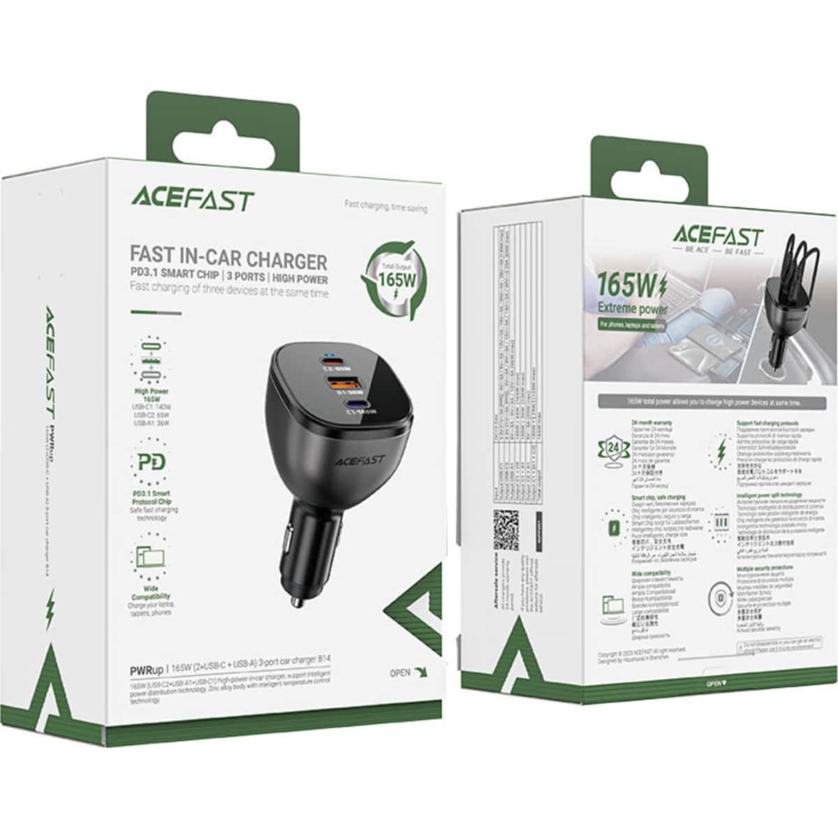 Acefast Black B14 165W 3-Port Car Charger