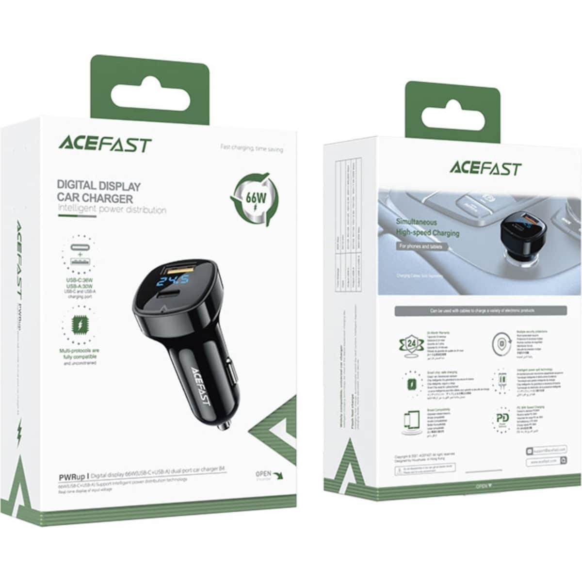 Acefast Black B4 66W Dual Port Display Car Charger