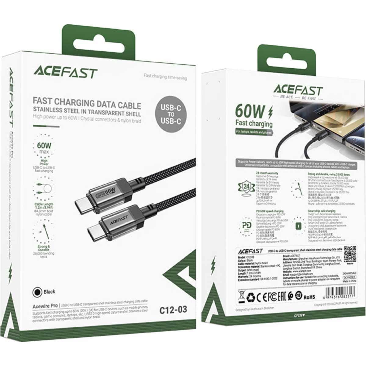 Acefast Black C12-03 Transparent USB-C to USB-C Cable