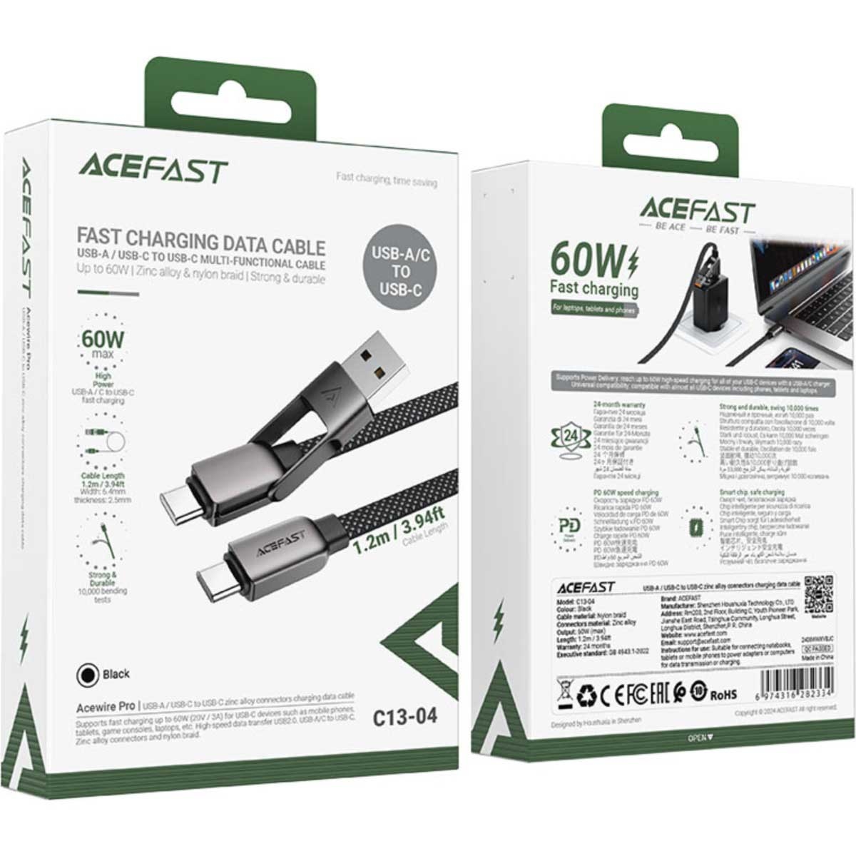 ايسفاست C13-04 كابل من سبيكة الزنك USB-A وUSB-C إلى USB-C - أسود