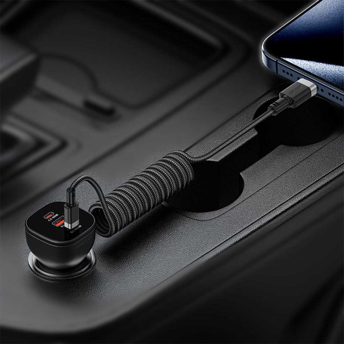 ايسفاست C14-03 كابل زنبركي ملتف USB-C إلى USB-C - أسود