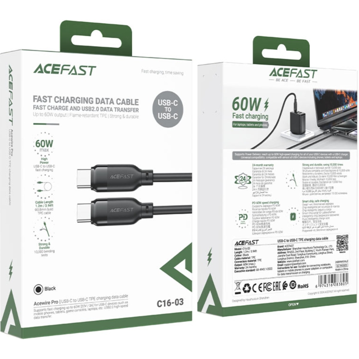 ايسفاست C16-03 كابل من المطاط الحراري TPE بمنفذ USB-C إلى USB-C - أسود
