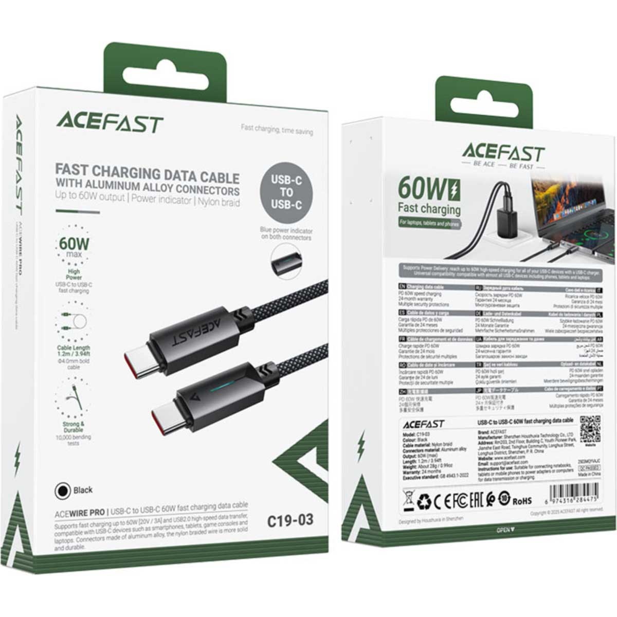 ايسفاست C19-03 كابل شحن سريع USB-C إلى USB-C بقدرة 60W - أسود