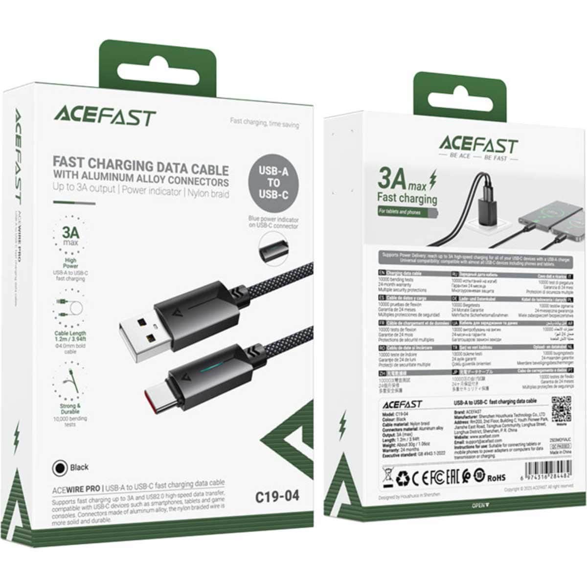 Acefast Black C19-04 USB-A to USB-C Fast Charging Cable