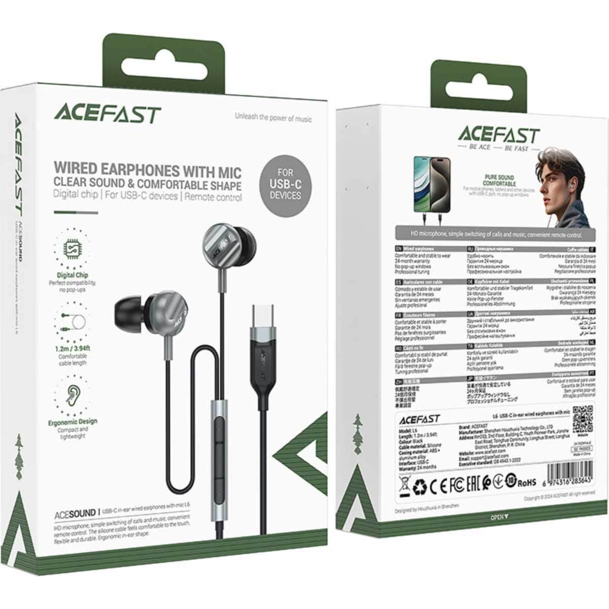 Acefast Black L6 USB-C In-Ear Wired Earphones