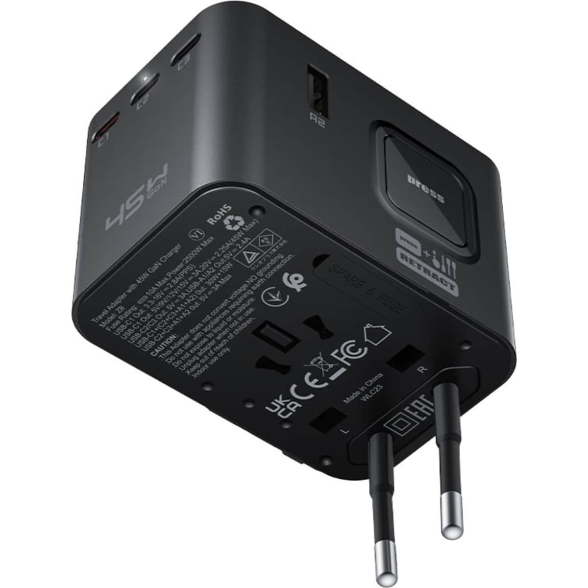 Acefast Black Z8 45W 5-Port 3C2A GaN Universal Adapter
