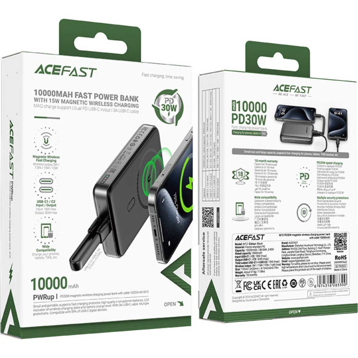 ايسفاست M10 باور بانك لاسلكي مغناطيسي بسعة 10000mAh وقدرة 30W مع كابل قابل للسحب