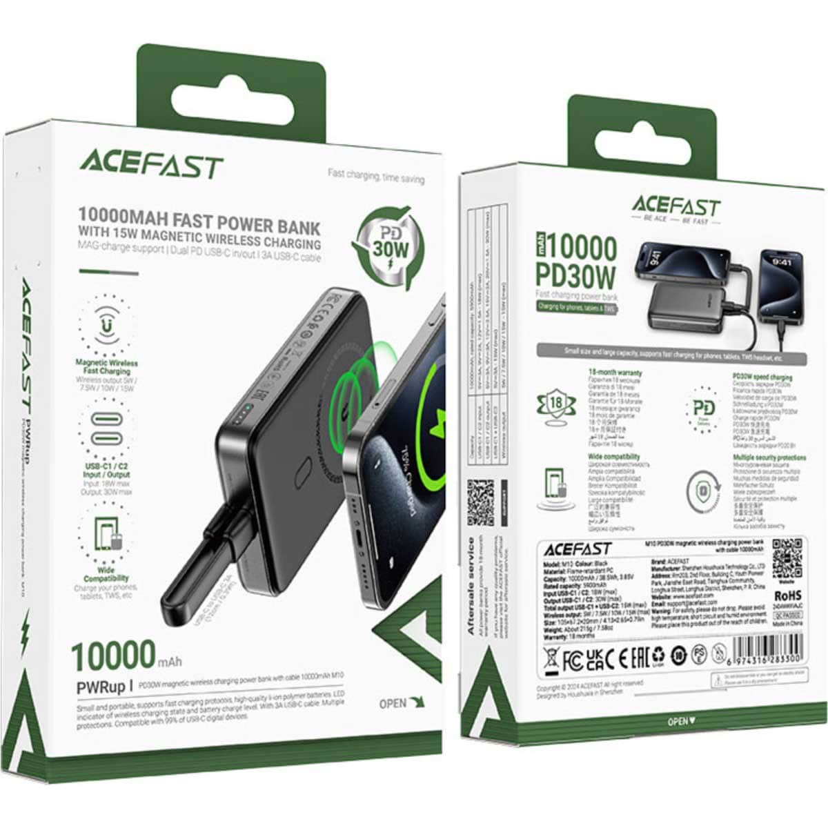 ايسفاست M10 باور بانك لاسلكي مغناطيسي بسعة 10000mAh وقدرة 30W مع كابل قابل للسحب