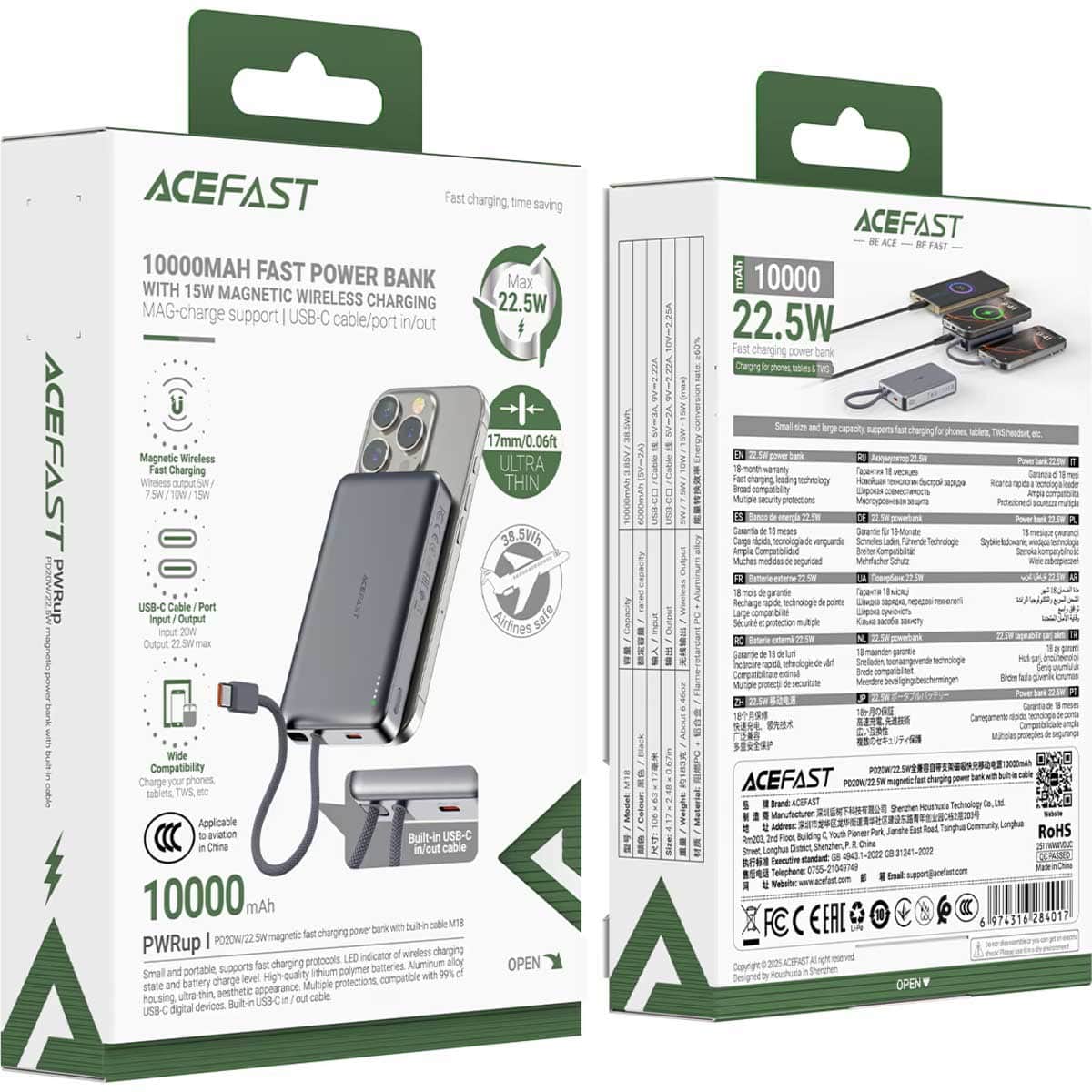 Acefast M18 10000mAh 22.5W Magnetic Power Bank with Retractable Cable