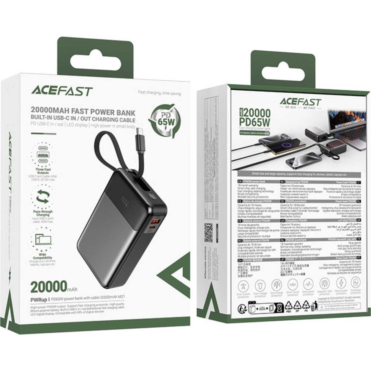 ايسفاست M21 باور بانك بسعة 20000mAh وقدرة 65W مع كابل قابل للسحب