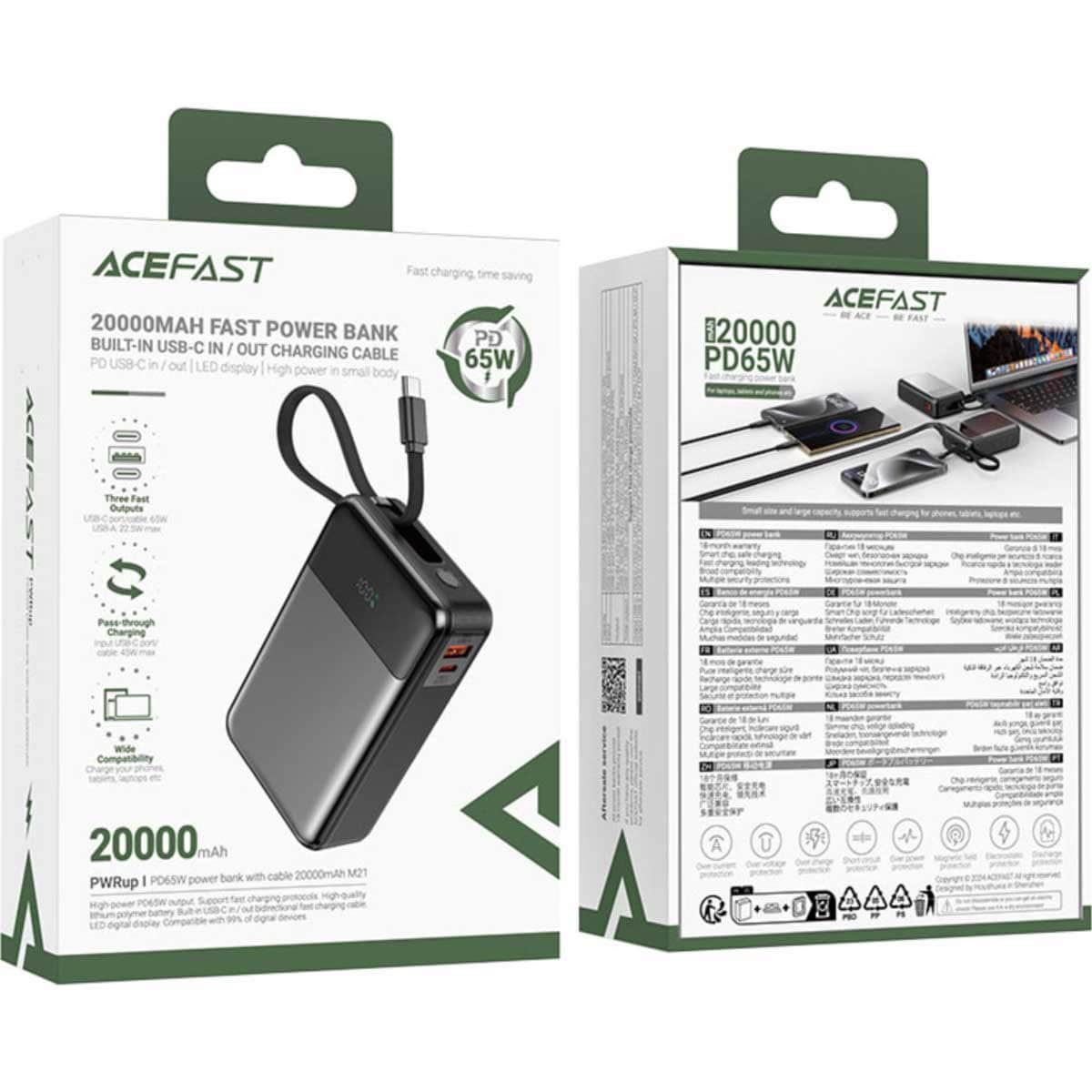 ايسفاست M21 باور بانك بسعة 20000mAh وقدرة 65W مع كابل قابل للسحب
