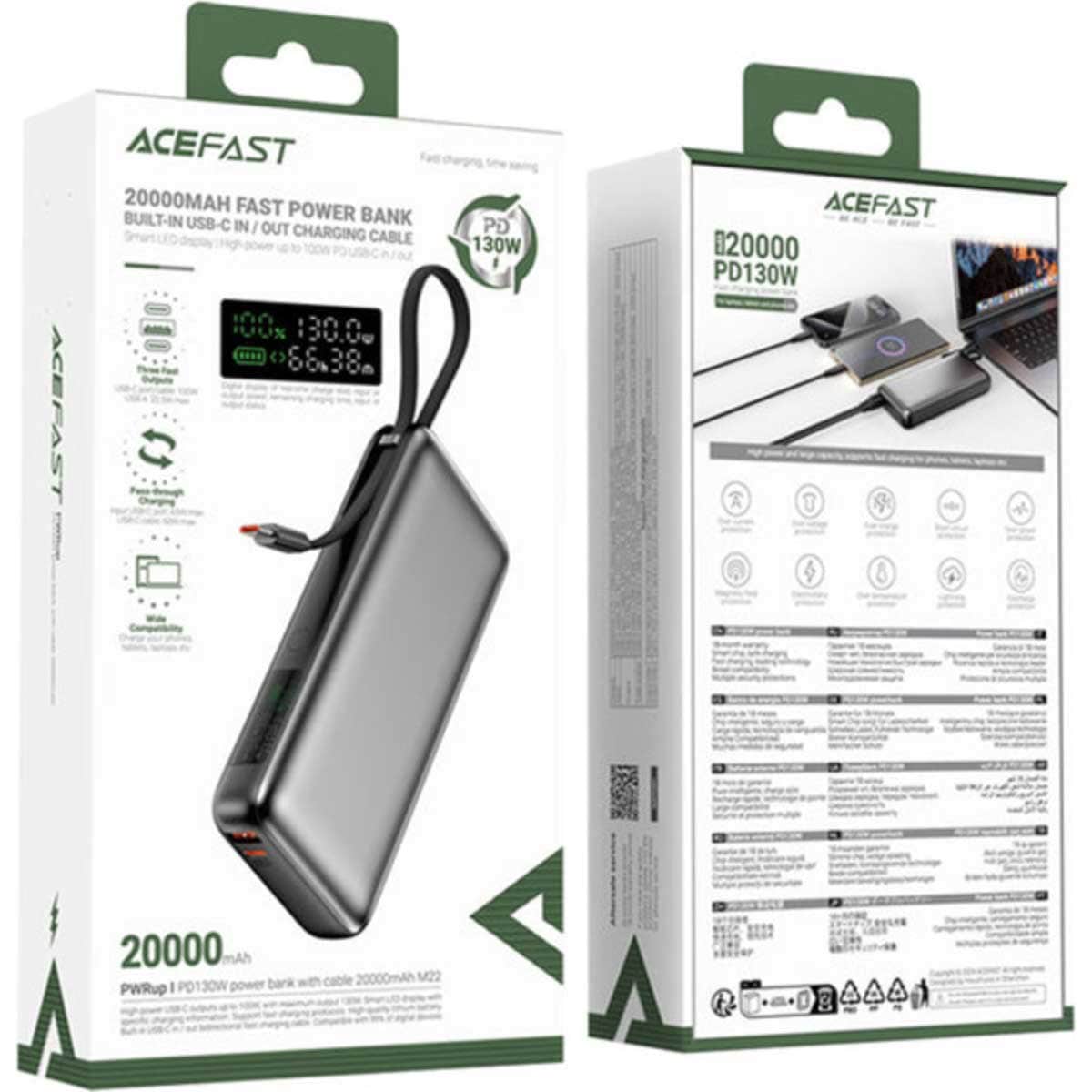 Acefast M22 20000mAh 130W Power Bank with Retractable Cable