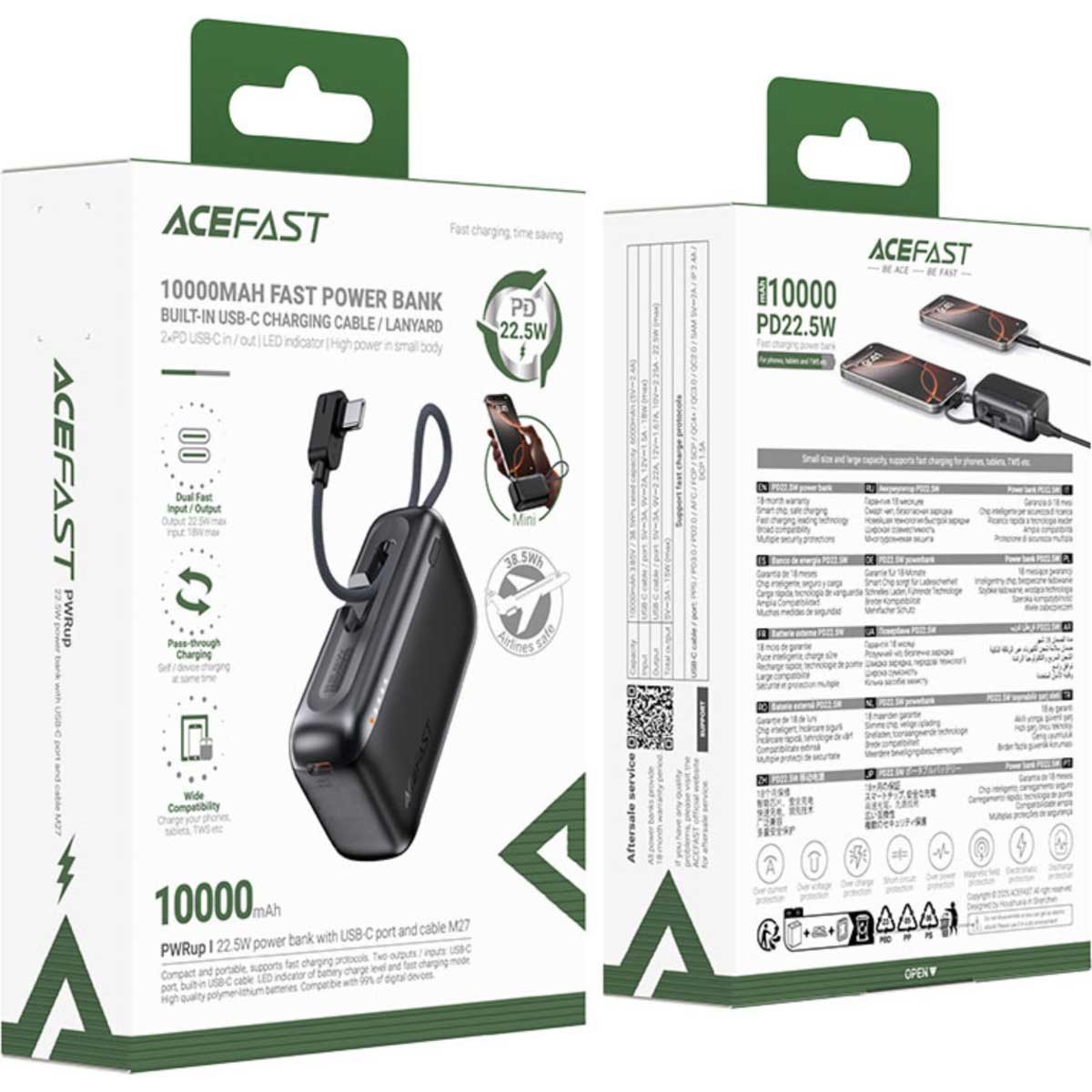 ايسفاست M27 باور بانك بسعة 10000mAh وقدرة 22.5W مع كابل قابل للسحب