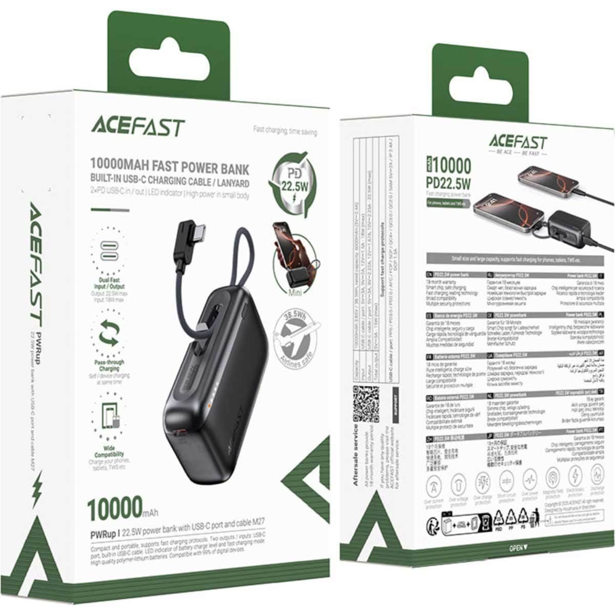 Acefast M27 10000mAh 22.5W Power Bank with Retractable Cable