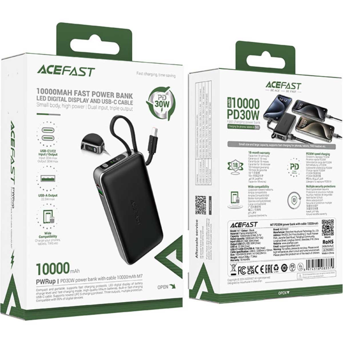 ايسفاست M7 باور بانك بسعة 10000mAh وقدرة 30W مع كابل قابل للسحب