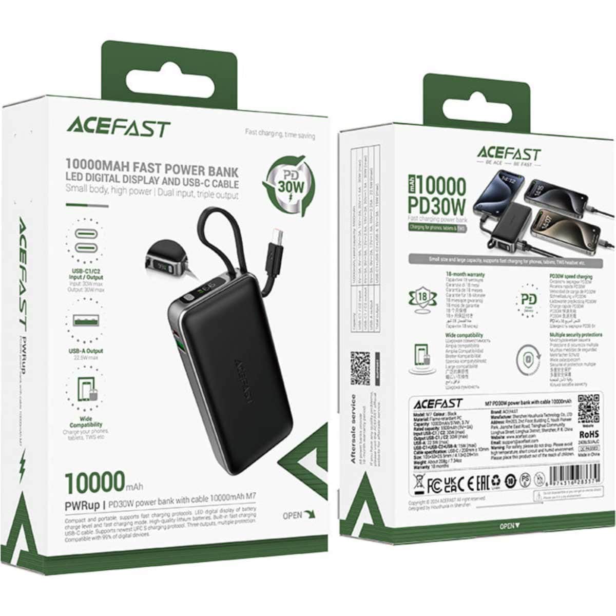 Acefast M7 10000mAh 30W Power Bank with Retractable Cable