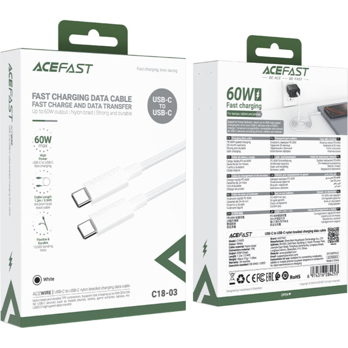 ايسفاست C18-03 كابل مضفر USB-C إلى USB-C - أبيض
