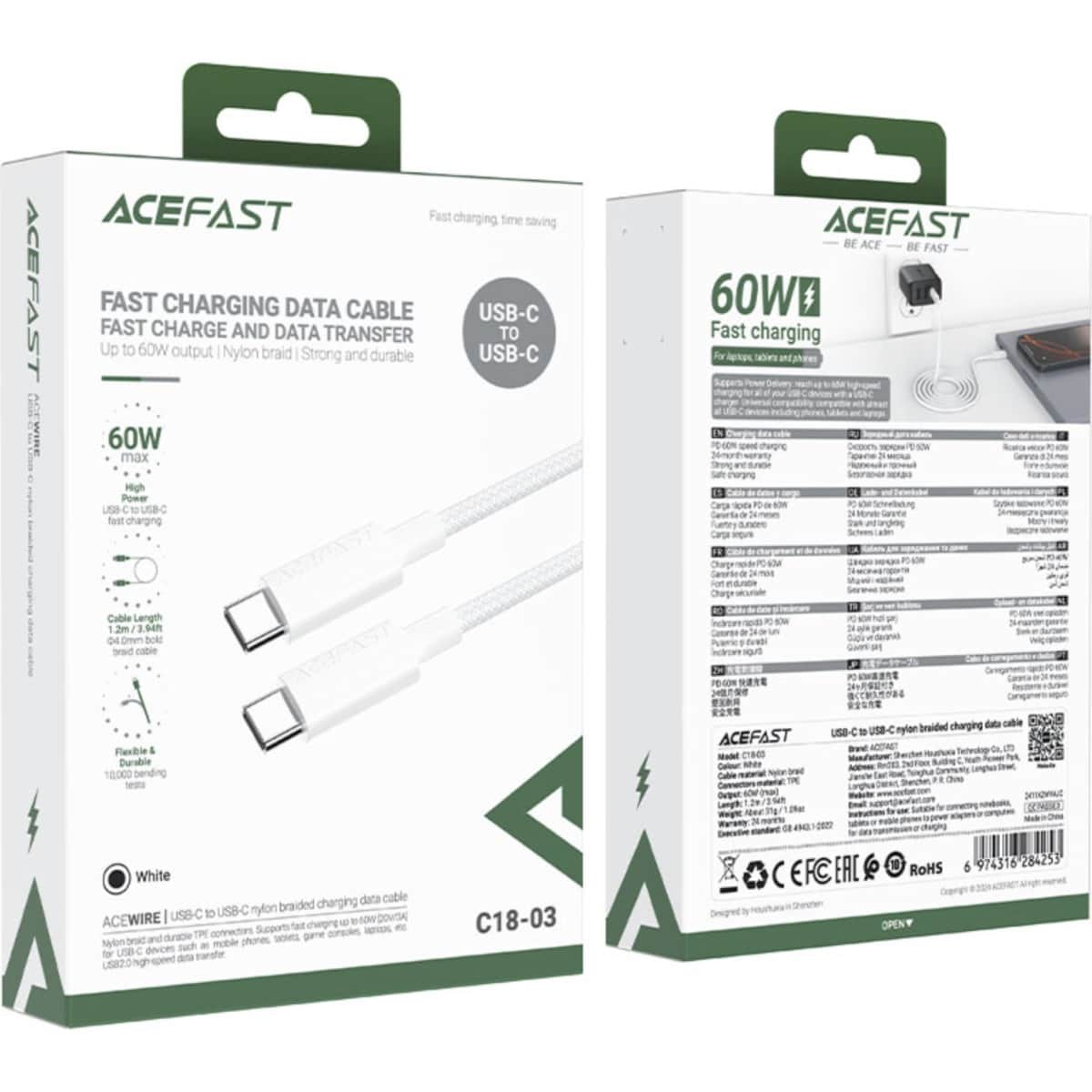 ايسفاست C18-03 كابل مضفر USB-C إلى USB-C - أبيض
